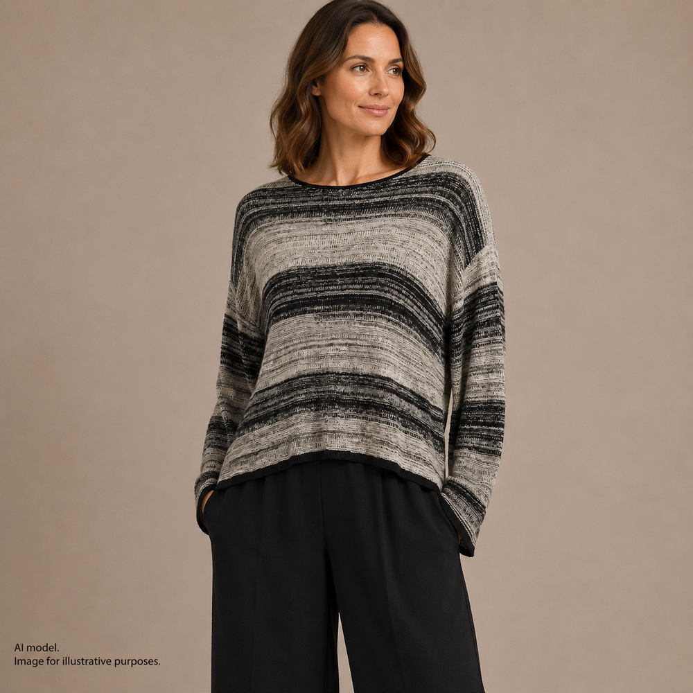 Eileen Fisher Sweater Womens Medium Black Gray Stripe Linen Wool Knit Pullover